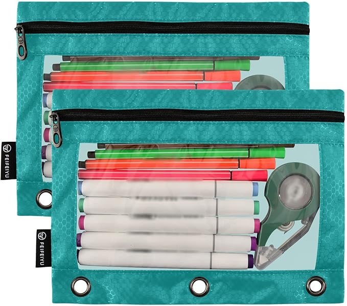 Gredecor Binder Pencil Pouch 3 Ring Dark Cyan Zipper Pencil Pouches Case 2 Pack Clear Binder Organizer for School Office