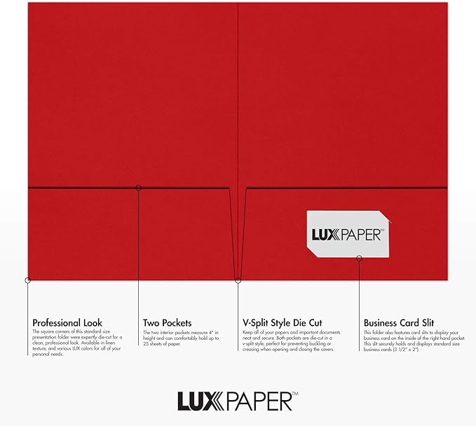 LUXPaper 9" x 12" Presentation Folders | Two Pocket | Ruby Red | 100lb. Cover | 25 Qty