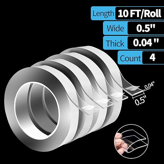 Art3d Double-Sided Tape (4-Roll of 10FT), Removable, Traceless, Washable, Reusable - Multipurpose Tape as Seen on TV (1/24" x 1/2" x 10', 4)