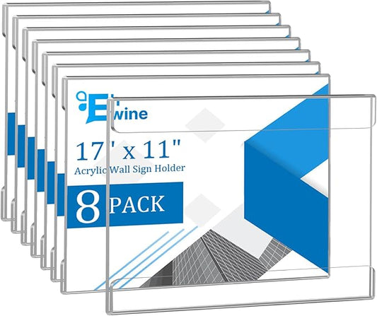 EHWINE 8 Pack 11x17 Wall Mount Acrylic Sign Holder,Horizontal Wall Signs Photo Menu Flyer Display Holders, Plastic Clear Acrylic Frames for Office Home Hotel Business Store (with Adhesive Tape)