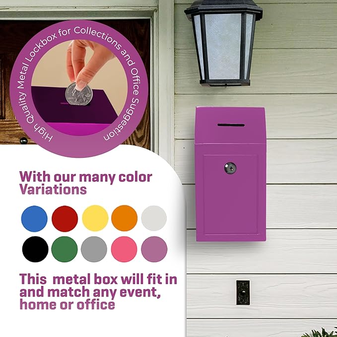 Metal Donation Box-Suggestion Box with Slot and lock-Cash Lock box for Money-Secure Drop Box-Comment and ballot voting box-comes with pre-drilled holes for easy wall mounting 10 X 6 X 2.5"(Purple)
