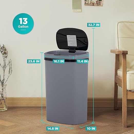PayLessHere 13 Gallon Trash Can Kitchen Trash Can Automatic Garbage Can with Lid Touch Free High-Capacity Motion Sensor for Kitchen Bedroom Bathroom Office Wateproof Trash Bin (1, Gray)