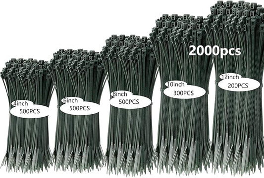2000 PCS Zip Ties Assorted Sizes 4+6+8+10+12 Inch Self-locking Nylon Cable ties Outdoor, UV Resistant Wire Straps for Home Office Garden Workshop Indoor Outdoor Fence(garden green)