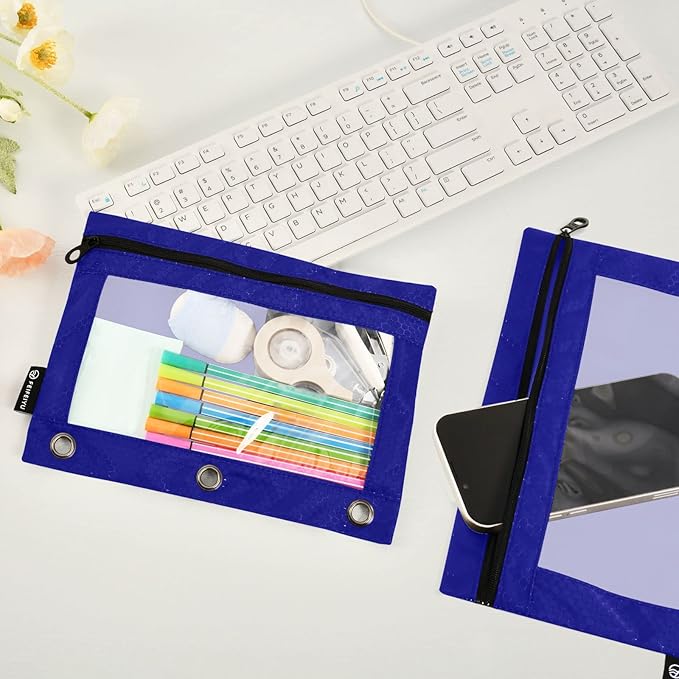 Gredecor Binder Pencil Pouch 3 Ring Navy Blue Zipper Pencil Pouches Case 2 Pack Clear Binder Organizer for School Office