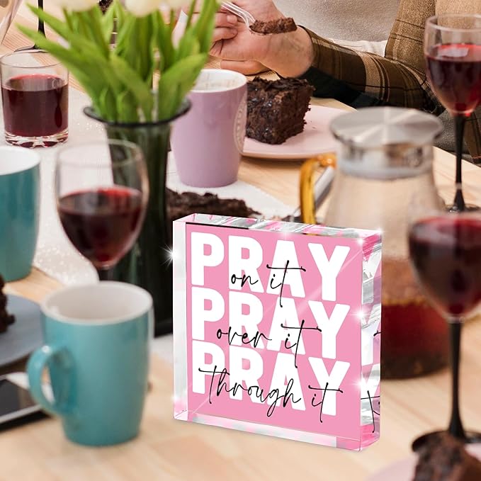 Pray on it, Pray over it, Pray through it - Pink Christian Gifts for Women, Get Well Presents, Pink Encouragement Dorm Room Decor for Female - Christian Presents for Women, Acrylic Sign