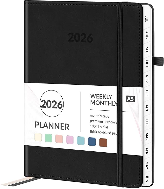 Forvencer 2026 Planner, Weekly Monthly Planners with Month Tabs, 12 Months (Jan 2026 - Dec 2026), A5(5.8"×8.3"), Daily Academic Calendar with Elastic Band, Small Hardcover Agenda, for Teacher, School
