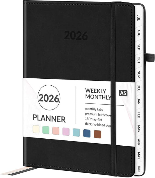 Forvencer 2026 Planner, Weekly Monthly Planners with Month Tabs, 12 Months (Jan 2026 - Dec 2026), A5(5.8"×8.3"), Daily Academic Calendar with Elastic Band, Small Hardcover Agenda, for Teacher, School