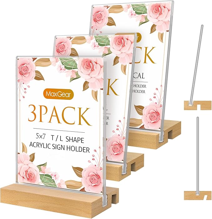 MaxGear L/T Shape Acrylic Sign Holder, 5 X 7 Clear Table Display Stand with Wooden Base, Flyer Menu Holder Photo Frames Paper Stand for Office, Wedding, Restaurants, Hotels 3 Pack