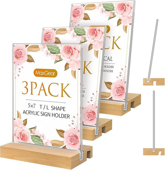 MaxGear L/T Shape Acrylic Sign Holder, 5 X 7 Clear Table Display Stand with Wooden Base, Flyer Menu Holder Photo Frames Paper Stand for Office, Wedding, Restaurants, Hotels 3 Pack