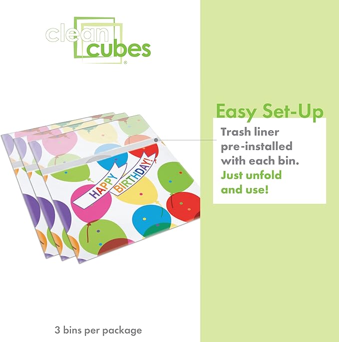 | 13 Gallon Disposable Trash Cans (3-Pack) with Fitted Trash Bags - Reusable Garbage and Recycling Bins for Parties, Events, and More (Birthday - 17" Height x 13.5" Width x 10" Depth)
