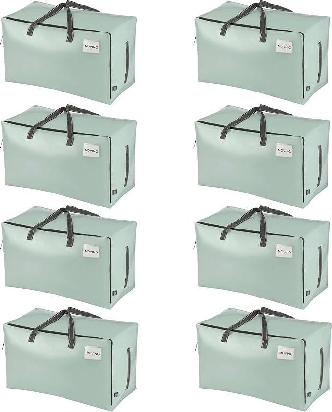 VENO 8 Pack Moving and Storage Bags, Heavy Duty, Alternative to Moving Boxes, Large Packing Totes Supplies for College Dorm Room with Zipper for Clothes, Wide Open Design (Shiny Light Green, 8 Pack)