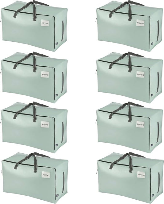 VENO 8 Pack Moving and Storage Bags, Heavy Duty, Alternative to Moving Boxes, Large Packing Totes Supplies for College Dorm Room with Zipper for Clothes, Wide Open Design (Shiny Light Green, 8 Pack)