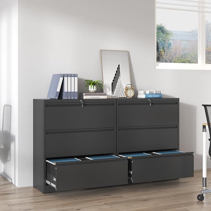 3 Drawer Lateral File Cabinets with Lock,Black Metal Lateral Filing Cabinet for Home Office,Wide Steel Storage Cabinet Commercial Drawer Cabinets for Legal/Letter/A4 Size Files Assembly Required
