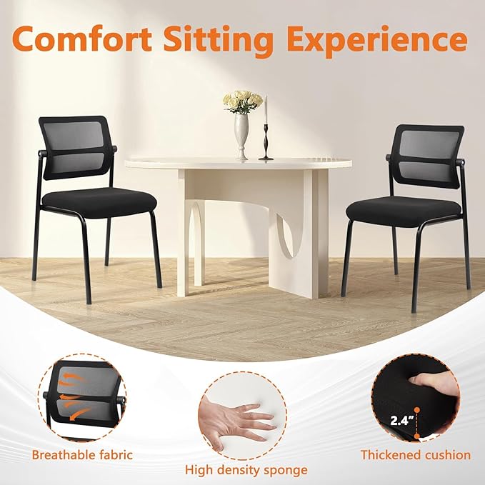 CLATINA Stacking Armless Office Waiting Room Chair with Adjustable Backrest, Stackable Mesh Guest Reception Desk Chairs with Ergonomic Lumbar Support for Conference Lobby Side School, Black, 8 Pack