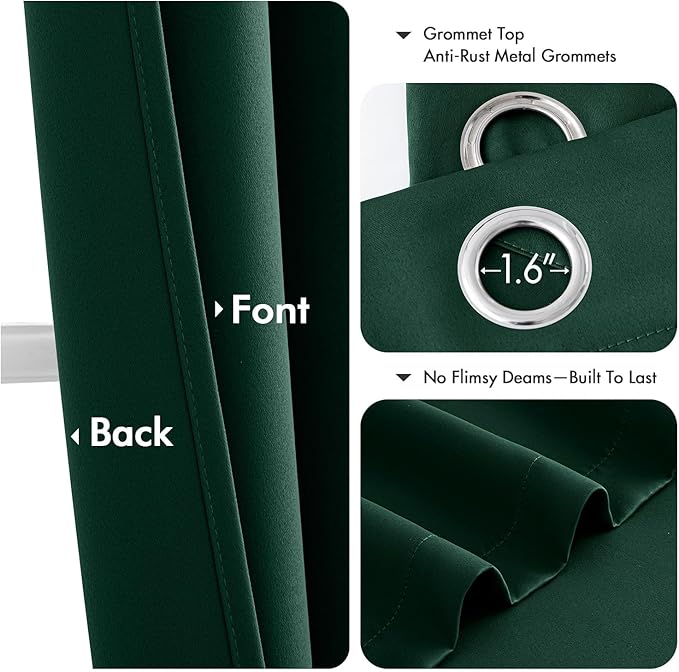 MIULEE Hunter Green Blackout Curtains for Bedroom Living Room 90 Inches Long 2 Panels, Thermal Insulated Room Darkening Drapes Solid Grommet Top Noise Reduction Emerald Green Curtains 40x90 Inch