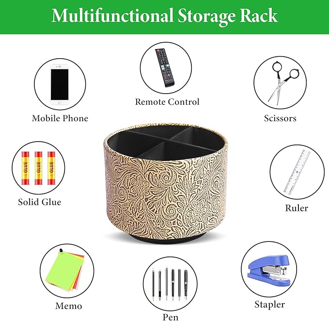 lizimandu Round Leather Art Supply Organizer,Remote Control Holder,360 Degree Spinning,Multi-Functional Pencil Holder,4 Compartments Desktop Stationary Organizer(1-Yellow Black)