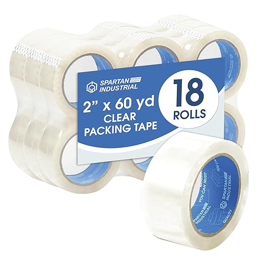 Spartan Industrial - 2" X 60 yd Clear Shipping Tape Rolls - 18 Rolls of Heavy Duty Box Tape for Moving, Packing, Shipping, Storage - 2.7 Mil