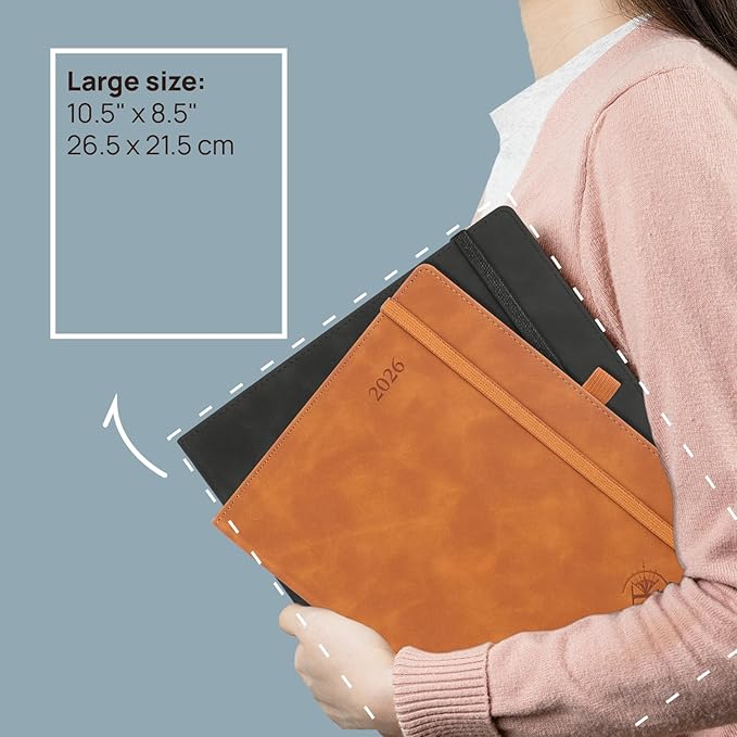 POPRUN Weekly Planner 2026 (Large 8.5" x 10.5") Calendar 12 Months Notebook with Horizontal Layout, Leather Soft Cover, Monthly Tabs, Inner Pocket, 100GSM Thick Paper, Pen Holder - Petrol Green