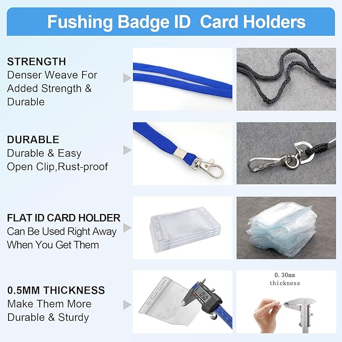 Fushing 50pcs Clear Plastic Vertical Name Tags Badge ID Card Holders and Blue Neck Lanyards with Swivel Hook for School, Festival, Event (L)