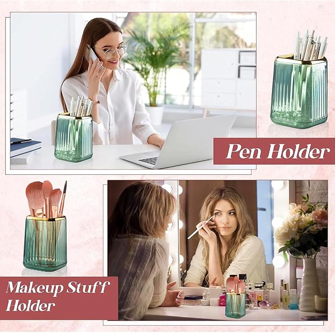 Pen Holder for Desk, Makeup Brushes Cup, Desk Organizer Desktop Supplies and Accessories for Women, Pen Cup Pencil Caddy for Office Home Art Supply (dark green)