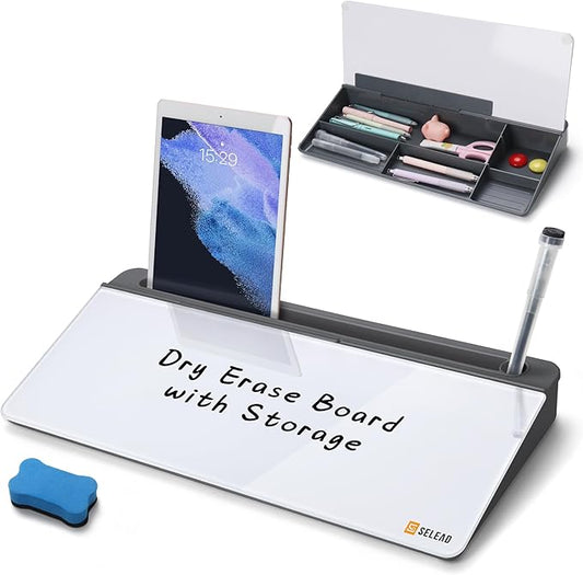 SELEAD Desktop Glass Whiteboard with Organizer, Markers, Eraser, Holder - Small Dry Erase White Board Computer Pad Keyboard Stand for Home, School, Office Desk Accessories - Grey
