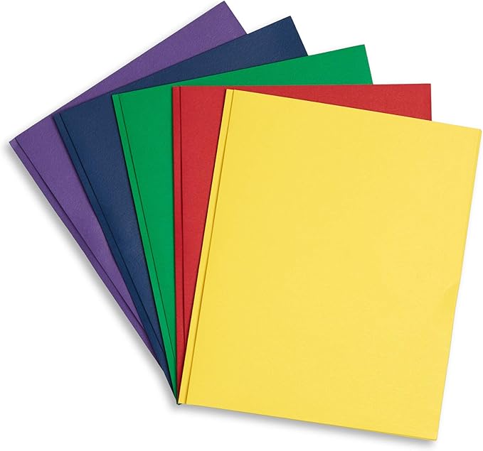 Blue Summit Supplies 100 Paper Two Pocket Folders with Prongs, 2 Pocket Folders Bulk 100 Pack, Assorted 5 Colors, 3 Prongs for Letter Size Paper, Designed for Office and Classroom