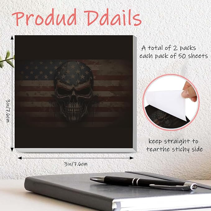 Sticky Notes 3x3 Inches, 2 Pads Cute Colorful Self-Stick Note Pads, Easy to Post for Home, Office and Daily Life Organization Luxuious Skeleton Flag