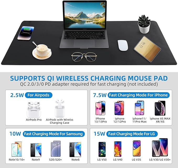 Wireless Charging Mouse Pad with for Desktop Charging Large Desk Mat 32"x16" Waterproof Black Leather Computer Mat Mousepad Non-Slip Protector on Top of Desks for Keyboard and Mouse(Black-L)
