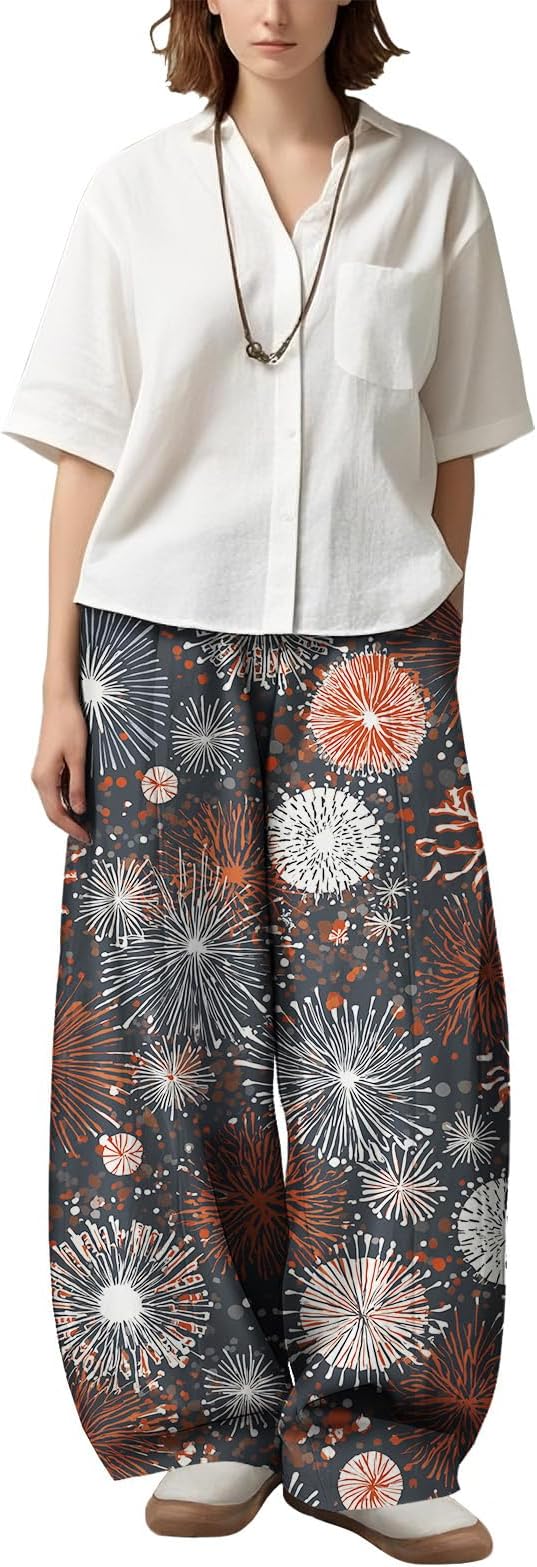 Zaswen Women's Oversize Loose Fit Breathable Pants Wide Leg Lounge Pants Fashion Casual Fireworks Print Trousers with Pockets