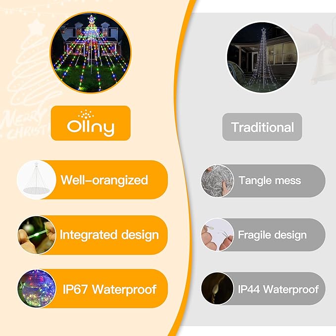 Ollny Christmas Lights Tree 340LED with Topper Star, IP67 Waterproof Remote Control Waterfall Lights with Pole, 16 Modes 3 Timers Dimmable Christmas Decorations Outdoor Yard Garden Lawn Multicolored