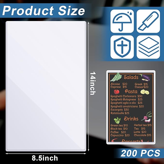 Henoyso 200 Pcs 8.5" x 14" Menu Cover Rigid Print Protectors Clear Heavy Duty Menu Holder Poster Protector Sleeve Hard Plastic Paper Sleeves for Page Sheet Photographs Document Birth Certificate