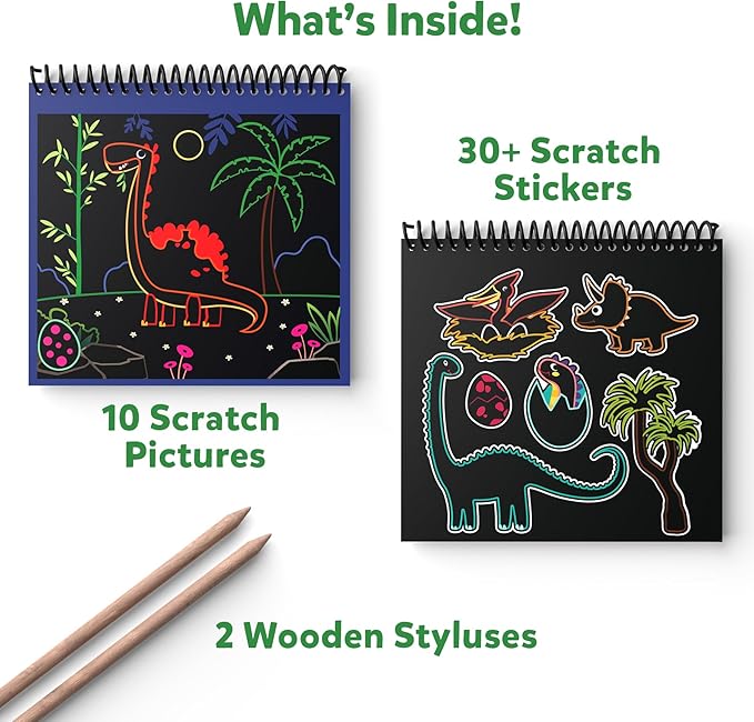 Skillmatics Scratch Art Book for Kids - Dinosaurs, Craft Kits & Supplies, 30+ Scratch Stickers, Travel Toys, DIY Kit, Gifts for Boys & Girls Ages 3, 4, 5, 6, 7, 8