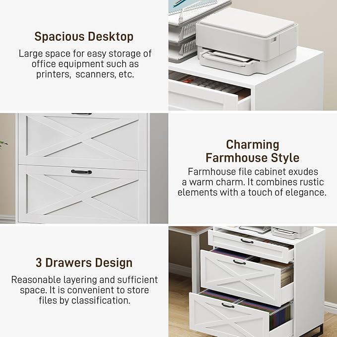 File Cabinet 3 Drawers Lateral File Cabinet for Letter/Legal/A4 Size Hanging Files, Large Wood File Storage Cabinets Printer Stand for Home Office, White and Black