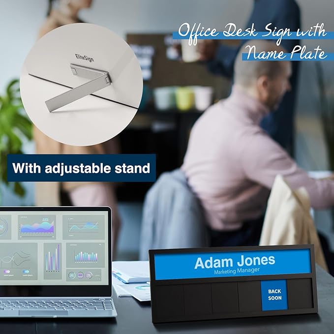 Name Plate for Desk& Office Door Sign, 6 Options Do Not Disturb, In A Meeting, Out of Office, Working Remotely, Please Knock, Stick or Stand with Desk Name Plate, Brushed Silver no icon