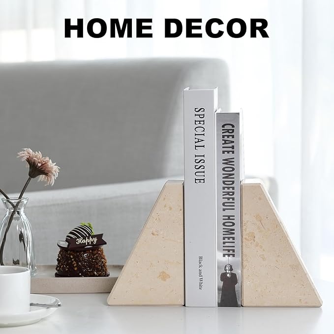 Marble Bookends for Heavy Books, Decorative Book Ends for Shelves, Beige Stone Durable and Heavy-Duty Book Ends for Hardback Books & CDS, Unique Book Stopper & Holder, Set of 2