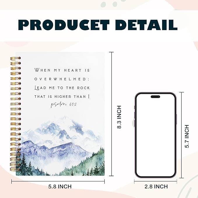 BearCake Christian Notebook Journal, Prayer Journal for Women, Lead Me To the Rock That is Higher Than I Bible Notebooks for Note Taking, Watercolor Mountain Hardcover Spiral Notebook 5.5x8.3