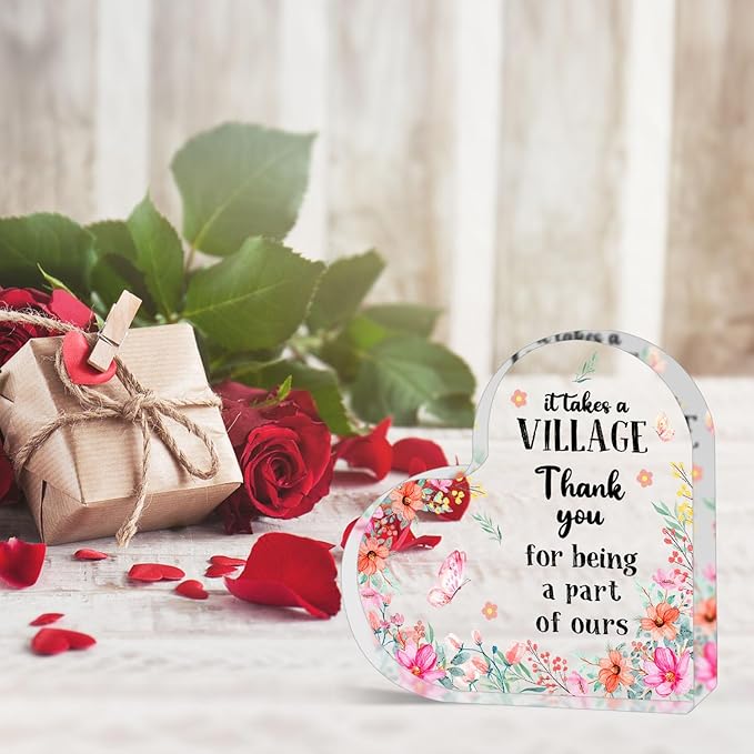 Appreciation Gifts for Women, Acrylic Heart Keepsake,Inspirational Gifts for Coworker Boss, Thank You Acrylic Gifts, Thank You Gifts for Women, It Takes a Village Thank You Gifts