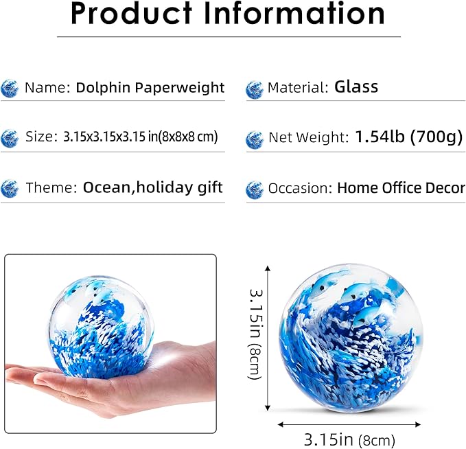 EUSTUMA Hand Blown Glass Dolphin Figurine Ornament,Sea Animal Ornament for Fish Tank Aquarium,Sea Animals Collection for Birthday Gift,Office Paperweight Glass Ball