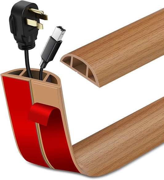 Floor Cord Cover Self Adhesive Cord Hider Floor Extension Cord Covers for Floor Power Cord Protector Cable Management Prevent Cable Trips Cable Cavity 0.47" W x 0.27" H (Light Brown Wood, 10Ft)