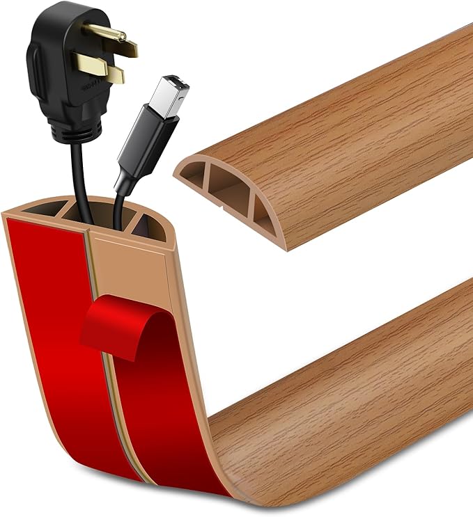 Floor Cord Cover Self Adhesive Cord Hider Floor Extension Cord Covers for Floor Power Cord Protector Cable Management Prevent Cable Trips Cable Cavity 0.51" W x 0.31" H (Light Brown Wood, 10Ft)