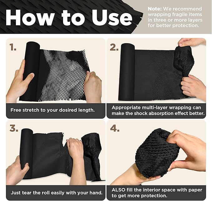 Honeycomb Packing Paper, 12"x150' Black | Perforated Honeycomb Packing Paper Recyclable Moving Supplies for Shipping & Moving | Plastic-Free Alternative to Bubble Cushion Wrap with 36 Fragile Stickers