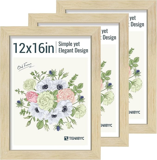 12x16 Picture Frames Set - 3 Pack - Natural Oak Wood - Tempered Glass - for Wall Photos, Family Memories, Posters & Puzzles, Home Decor