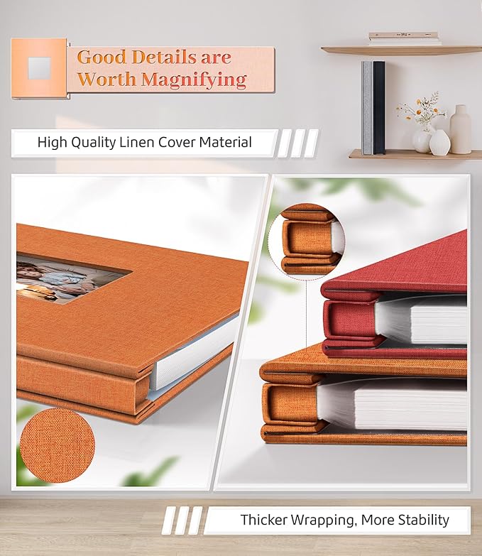 Photo Album Self Adhesive Scrapbook Album for 3x5 4x6 5x7 8x10 Pictures,120 Pages Linen Cover with Display Window DIY Photo Book,Ideal Gifts for Family Travel Wedding Baby