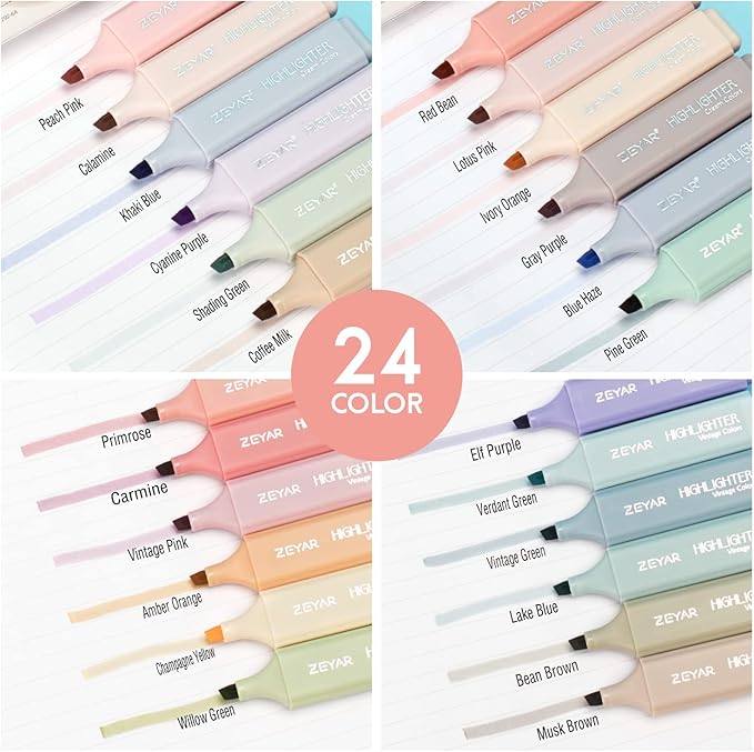 ZEYAR Highlighter Pen, Cream Colors Chisel Tip Markers, Water Based, Quick Dry, No Bleed, for Bible Study Notes School Office (24 Fulls Colors)