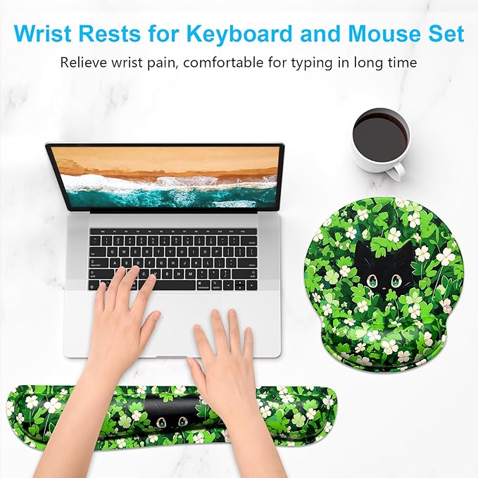 Dapesuom Keyboard Wrist Rest and Mouse Pad with Wrist Support, Cute Memory Foam Cushion for Keyboard and Mouse Set, Desktop Pad Rests with Non Slip Base for Easy Typing & Pain Relief, Anime Grass Cat