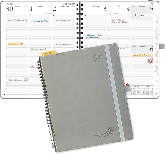POPRUN Planner 2025-2026 (Large - 8.5'' x 10.5'') Academic Weekly Calendar (July 2025 - June 2026) with Hourly Time Slots, Monthly Tabs, 100GSM Thick Papers, Spiral Leather Cover - Grey