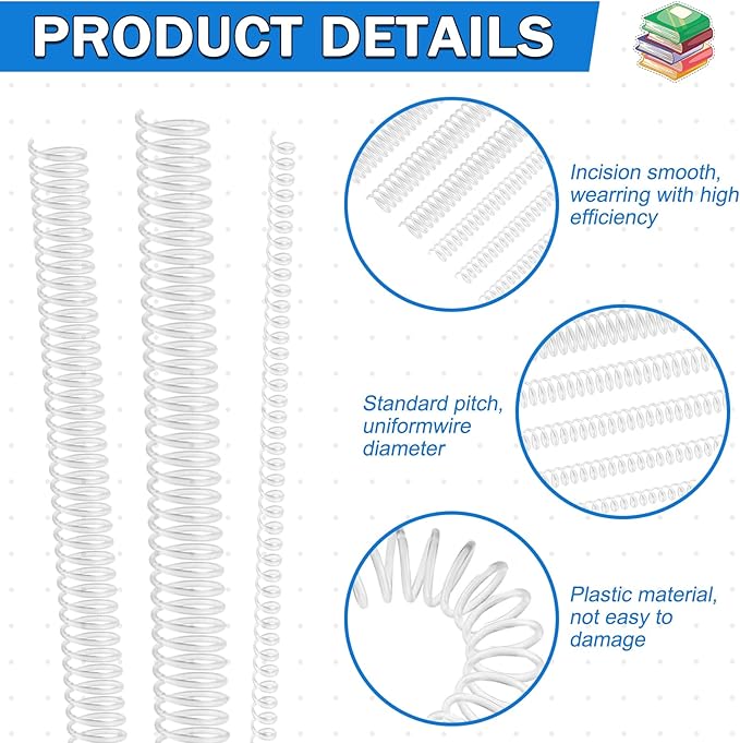 120 Pack Plastic Spiral Binding Coils Binder Binding Spirals Rings 8 Size Spiral Binding Wire Combs Spines Coils, 4:1 Pitch, 1/4 5/16 3/8 1/2 9/16 5/8 3/4 7/8 Inch (Transparent)