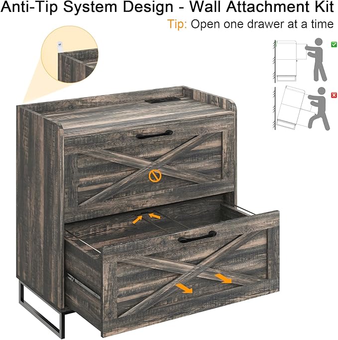 File Cabinet 2 Drawers Lateral File Cabinet with Charging Station for Letter/Legal/A4 Size Hanging Files, Large Wood File Storage Cabinets Printer Stand for Home Office, Dark Rustic Oak