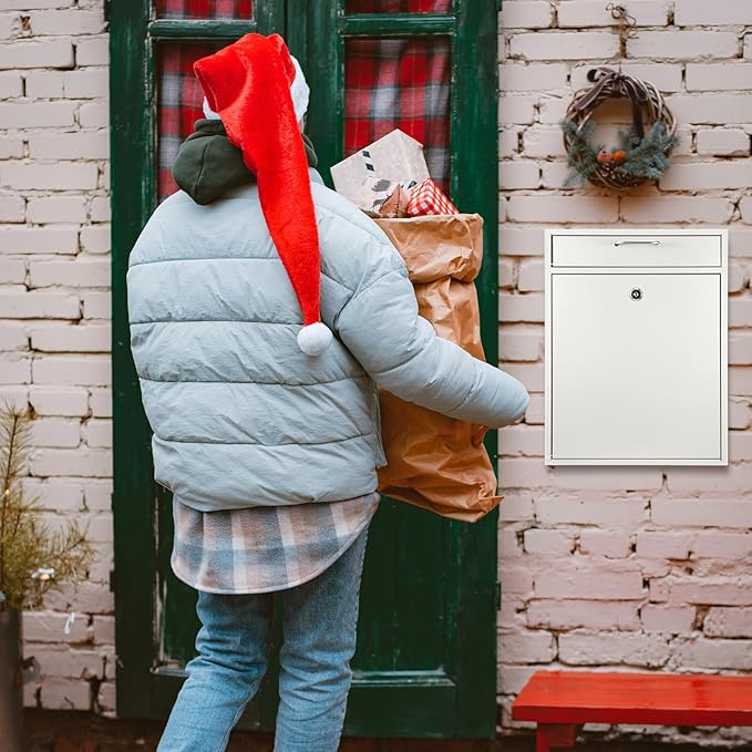 Locking Mailbox with Key for Outdoor 18 x 15 x 7 Inches Large Wall Mount Mail Box with Lock Security Mail Drop Metal Collection Boxes Hanging Secure Postbox(Creamy White)