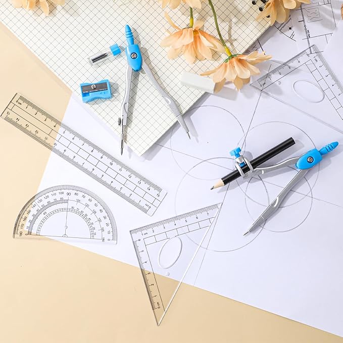 Zonon Math Geometry Set 10 Pcs Student Supplies with Shatterproof Storage Box, Includes Rulers Protractor Compass Pencil Sharpener Lead Refills Eraser Pencil for Drafting and Drawings(Blue)